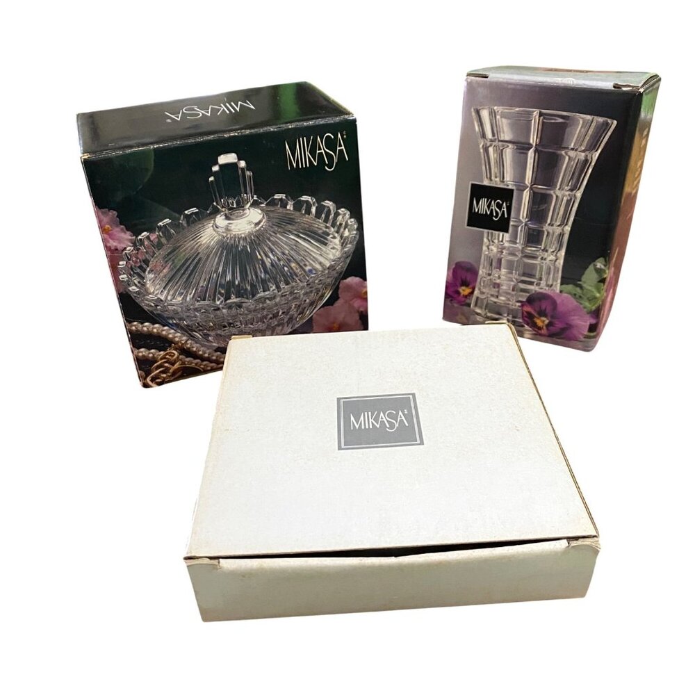 Vintage Mikasa Clear Glass Lot of 3 Items Candy Dish Bud Vase Home Decor Display
